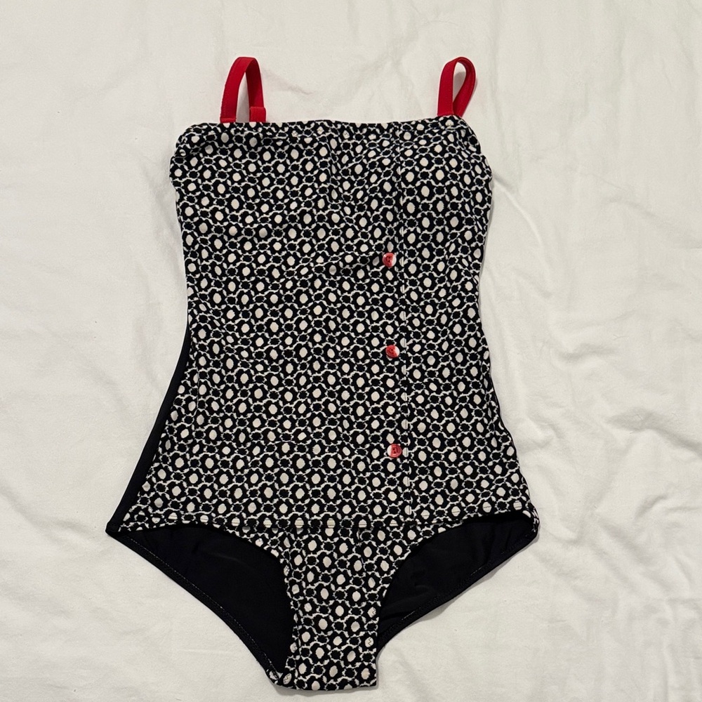 Sunsurf Vintage 1960s Style Black,  White and Red One Piece Swimsuit Size  40